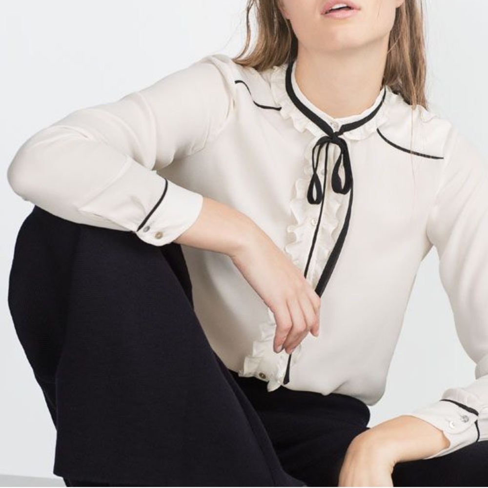 Women’s Cream Ruffle Tie-Neck Blouse with Black Trim